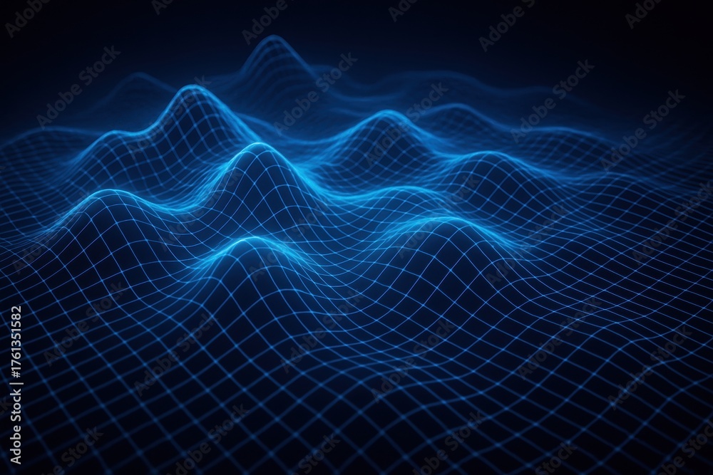Obraz premium Abstract digital waves with a grid, creating a sense of depth and motion in a dark background.