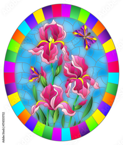 Wallpaper Mural Illustration in stained glass style with a bouquet of pink irises and a purple butterflies on a blue background Torontodigital.ca