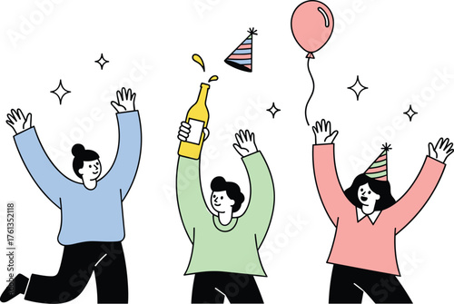 Enthusiastic Celebration with Friends Toasting at a Party with Confetti and Balloons, Expressing Joy and Achievement in a Festive Atmosphere, Perfect for Social Media Marketing and Event Advertising,