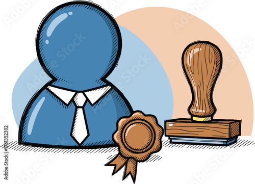 Approved Professional Cartoon Character with Wooden Stamp and Wax Seal Depicting Authorization and Official Compliance in Business and Legal Context, Perfect for Presentations and Marketing Materials