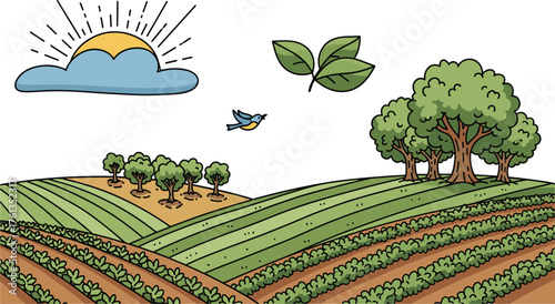 Scenic Farm Landscape Illustration with Rolling Hills, Fields, Trees, and a Flying Bird, Bathed in Sunlight, Representing Sustainable Agriculture, Agribusiness, and Environmental Awareness for Educati