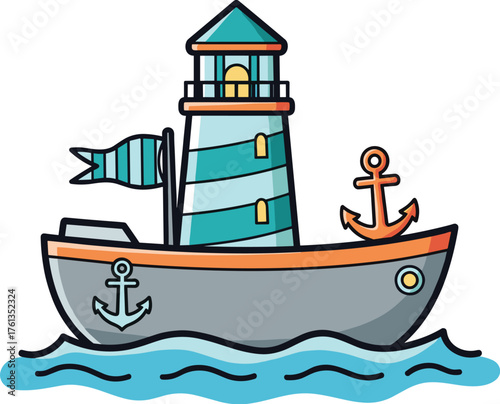 Nautical Lighthouse Boat Adventure: Seaside Voyage Vector Illustration Featuring a Marine Vessel with Guiding Light, Sailing on Blue Waves for Travel, Tourism, Summer Fun, Decoration, Children's Desig