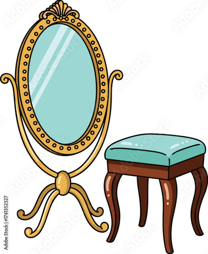 Antique Vanity Mirror and Stool in Classic Dressing Room: Vintage Interior Decor Element for Beauty and Fashion Industry, Decorative Furniture for Boudoir, Elegant Design, Illustration, Luxury, Tradit