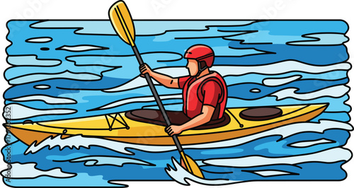 Kayaker Paddling in Blue Water - Cartoon Illustration of Active Person in Yellow Kayak with Paddle on Lake, Adventure, Recreation, Sport, Exercise, Outdoor, Relaxation, Summer Fun, Travel, Graphic Des
