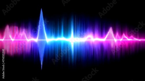 Dynamic neon sound waves pulse vibrantly across a dark background, displaying a spectrum of pink, purple, and blue