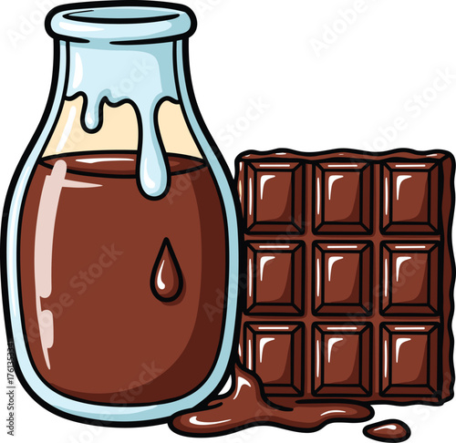 Delicious Chocolate Milk Bottle and Bar Cartoon Illustration: Sweet Dessert Treat for Kids, Dairy Drink Indulgence, Cocoa Beverage, Confectionery Concept, Foodie, Culinary Design, Nutrition, Breakfast