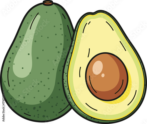 Fresh Avocado Pair Illustration on White Backdrop: Healthy Fruit, Cut Open View for Culinary, Recipe, and Food Blog Graphics - Depicting Tropical Diet, Modern Kitchen Art, Bright Foodie Presentation,