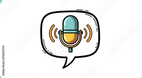 Podcast Microphone in Speech Bubble Delivering Audio Message for Modern Communication, Professional Presentations, and Engaging Interviews in Business and Technology, Doodle Style Illustration