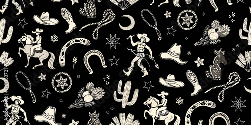 Whimsical hand drawn western cowboy pattern with horses cacti and moon on black background