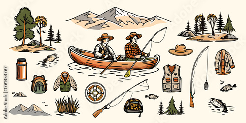 Vintage illustration of two men fishing in a canoe surrounded by outdoor gear and scenery