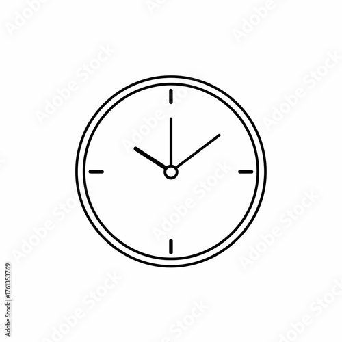 Simple black and white line art icon of a circular clock with hour and minute hands and four main markers, indicating time.