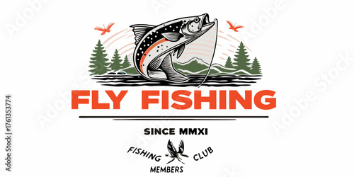 Dynamic fly fishing emblem featuring a leaping trout pine trees mountains and butterflies