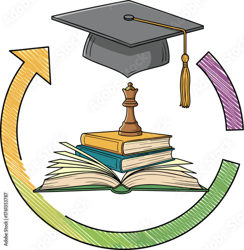 Education Strategy Planning and Academic Development Cycle Illustration, Featuring Graduation Cap, Chess Queen Piece, and Stack of Books in Continuous Learning Loop, Conceptual Design for Business Pre