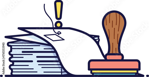 Pile of Documents with Urgent Exclamation and Stamp for Approval Workflow in Office: Paperwork Organization, Task Management, Deadlines, and Business Administration in a Flat, Modern Style, with Profe