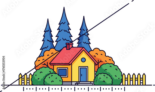 Charming Suburban House Surrounded by Lush Trees and a Neat Fence, Illustrating Home Ownership and Serene Living in a Picturesque Neighborhood, Ideal for Real Estate, Architecture, Landscaping, Family