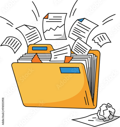 Overflowing File Folder with Documents and Crumpled Paper Representing Overwork and Stress in a Modern Office Setting, Symbolizing Paperwork, Administration, and Information Overload for Business Use