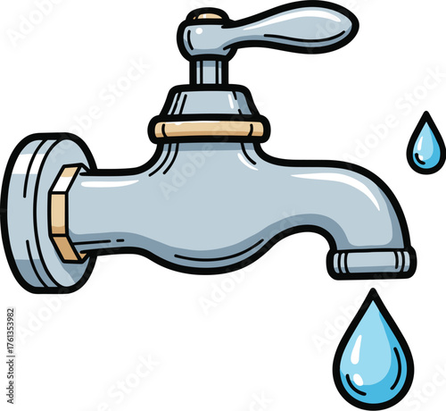 Leaky Cartoon Water Faucet Dripping in Clean Plumbing Illustration Isolated on White Background Depicting Conservation and Water Waste with Environmental Impact, Drawing in Blue and White,  Resource M