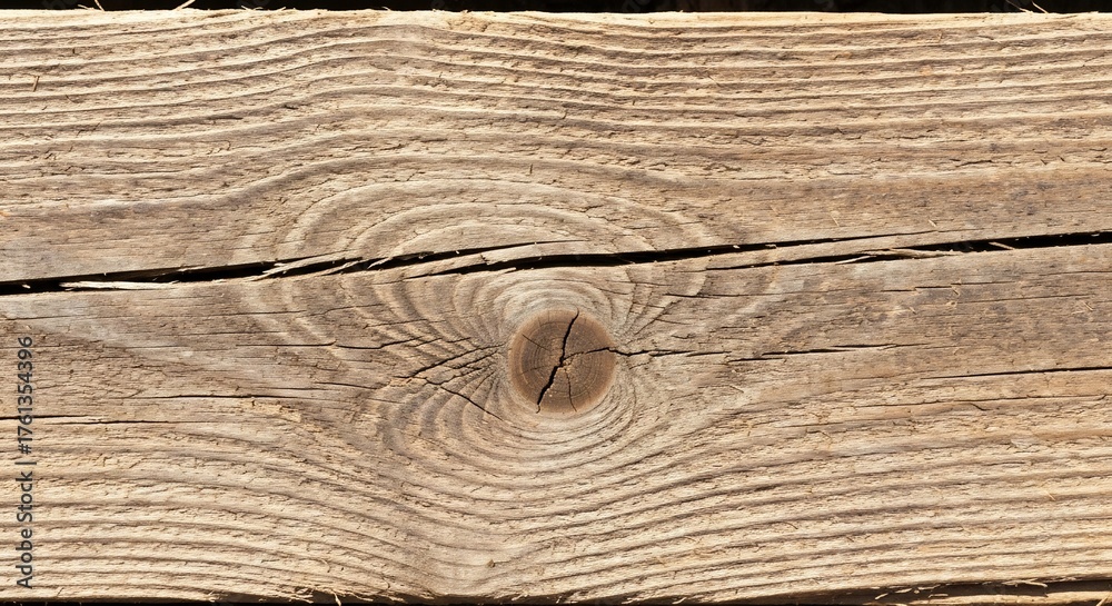 Naklejka premium Weathered wood plank with prominent knot and cracks exhibits natural patterns