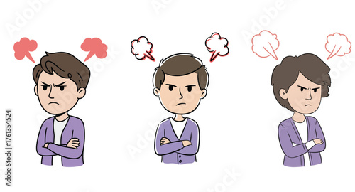 Cartoon characters depict different levels of visible frustration with arms crossed on transparent background