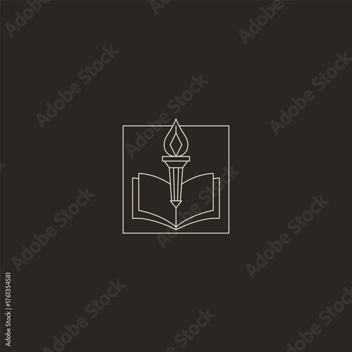 Book and torch line art education and knowledge logo design.