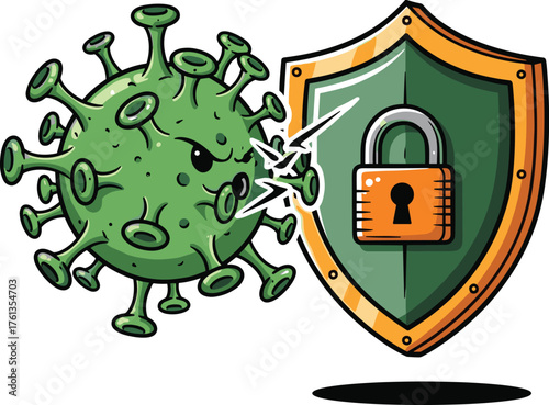 Cartoon Virus Attacking a Protective Shield with Padlock in Healthcare Setting, Metaphor for Cybersecurity, Immune System Defense, Fighting Infections, Modern Prevention Strategies, Vector Illustratio