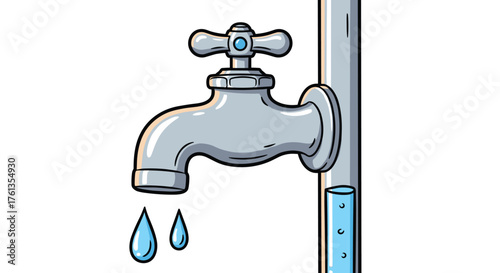 Cartoon Faucet Dripping in a Bathroom Setting Illustration for Plumbing Services and Water Conservation Campaigns, a Cute Style Image Depicting Leaks, Drips and Water Usage in a Home Environment with