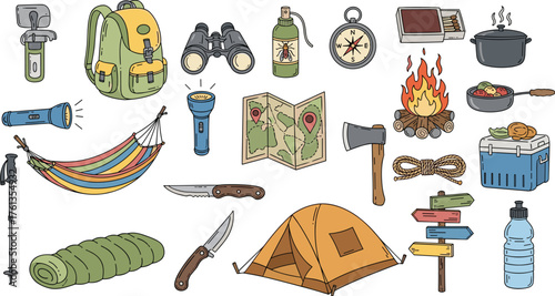 Camping Gear and Equipment Illustration: Preparing for Outdoor Adventure in Nature, Planning Trekking Trip with Backpack, Tent, Compass, Map, Campfire for Recreation, Wilderness Exploration, Hiking, V