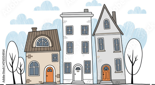 Whimsical Cartoon Houses Illustration on a Sunny Street: Colorful Townhouses with Unique Architecture, Residential Homes for Family Life, Property Development, Real Estate Marketing, Housing Market, I