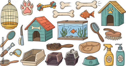 Collection of Pet Care Supplies and Accessories Illustration, Featuring Dog House, Cat Carrier, Fish Tank, Bird Cage, Grooming Tools, and Pet Food, Perfect for Veterinary Clinics, Pet Stores, and Anim