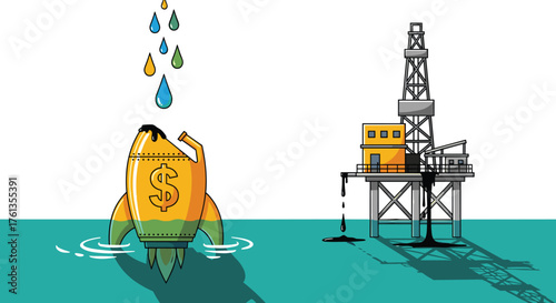 Oil Industry Rocket Ship Launch Failure with Colorful Raindrops and Environmental Pollution at Offshore Platform, High Costs & Financial Crisis Concept for Presentations & Media: Investing, Economics,