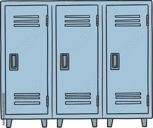 Three Blue School Lockers Standing Securely Inside Hallway Ready for Students, Educational Institution Interior, Storage Units, Organization Solution, Steel Compartments, Security, and Modern Facility