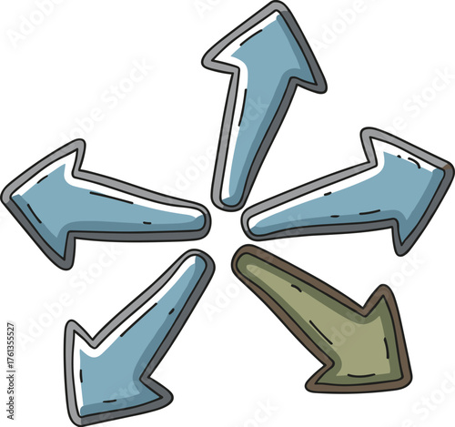 Directional Arrows Converging, Illustrating Diverse Perspectives and Strategic Alignment in Business, Marketing, and Design Projects with Hand-Drawn Style on White Backdrop Emphasizing Conceptual Guid