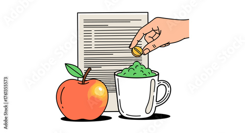 Healthy Lifestyle Choice with Apple and Vitamins: Hand Placing Supplement Pill in Green Smoothie Cup Next to Nutrition Information Sheet - Conceptual Wellness, Healthcare, Education, Dietary Balance &