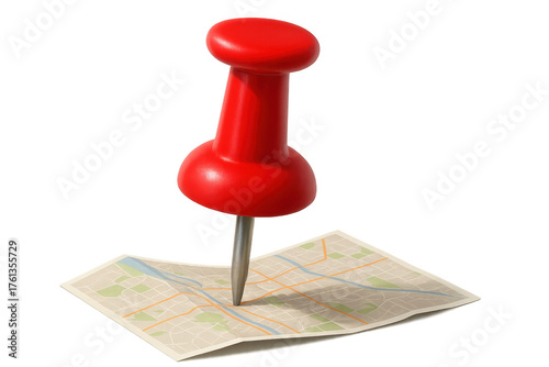 Red pushpin marking specific location on folded city map, indicating destination or travel route