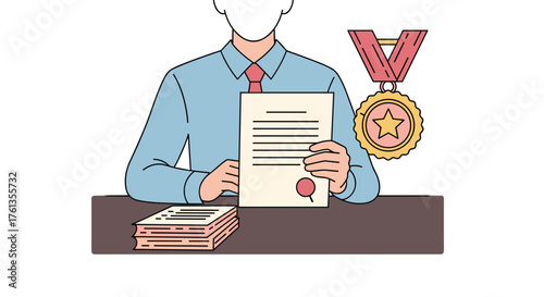 Faceless Professional Holding Achievement Certificate with Gold Medal Award at Desk: Business Success, Recognition, and Corporate Accomplishment in Modern Office Setting for Presentation or Website Us
