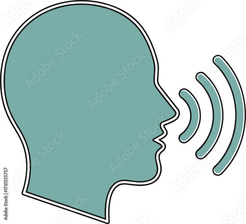 Voice Recognition Technology Interface Concept with Teal Head Silhouette Emitting Sound Waves on White Background for Communication, Speech Therapy, Medical Transcription, and Accessibility Solutions