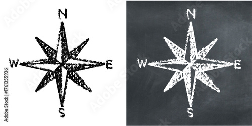 Chalk hand-drawn wind rose vector. Ideal for navigation, maritime, and cartography themes. This graphic symbolizes direction, orientation, and classic maps with a unique, sketchy aesthetic.