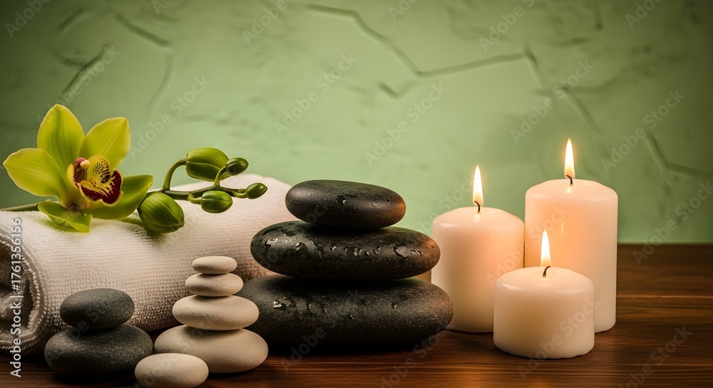 Obraz premium Świece martwej natury w salonie Serene Spa, kamienie, orchidea, ręcznik dla relaksu i dobrego samopoczucia