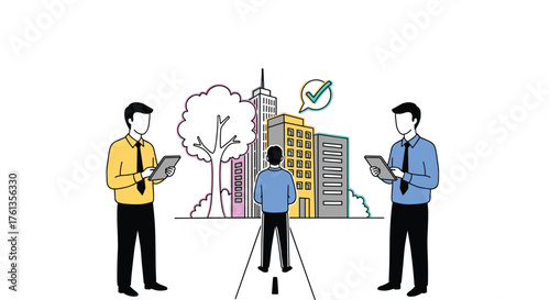 Urban Development Team Assessing Construction Project Site with Digital Tablets, Real Estate Investors Inspecting Modern Architecture in Cityscape, Business Planning for Infrastructure Growth and Sust