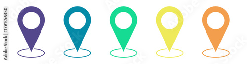 Description:
A set of five colorful GPS location pin icons in minimalist style, symbolizing navigation and map markers on a white background.