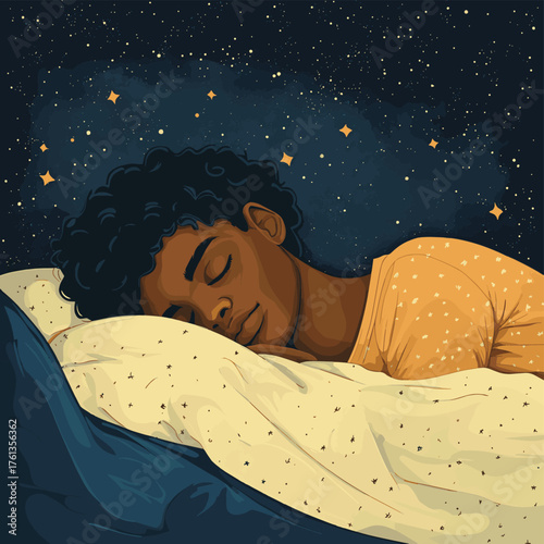 An illustration depicting a dark-skinned man sleeping peacefully in bed under a blanket with a starry night background.   , vector style simple color