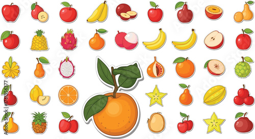 Colorful Fruit Stickers Assortment: Fresh Tropical Produce, Vector Graphics for Healthy Eating Designs, Culinary Arts, Nutrition Education, Food Illustrations, Restaurant Menus, Grocery Marketing, Nat