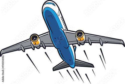 Commercial Airplane Ascending on a White Backdrop for Travel Advertisement and Transportation Technology Presentation Graphics, Modern Blue and Gray Aviation Illustration, Business, Tourism, Graphic D