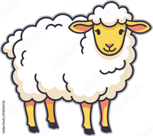 Adorable Cartoon Sheep Standing Peacefully on White Background, Symbolizing Innocence, Spring, and New Beginnings, Suitable for Children's Books, Farm-Themed Designs, Educational Materials, and Pastor