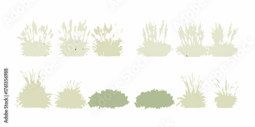 Collection of stylized grass and reed silhouettes in various shades of green and beige on a white background