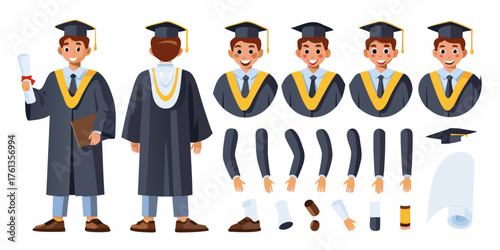 Cartoon graduation character creator kit with different poses and body parts