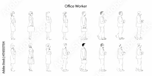 Collection of stylized line art illustrations of diverse office workers in various poses and attire