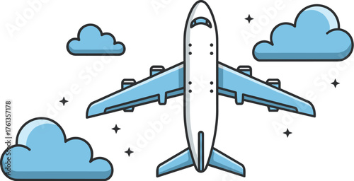Modern Airplane Flying Among Clouds Illustration for Travel Tourism and Aviation Industry Designs, Conceptual Background for Vacation Planning, Business Trip, Marketing, Presentation, Isolated on Whit