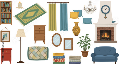 Cozy Interior Design Illustration with Fireplace, Sofa, and Bookshelves Depicting Relaxing Home Decor and Furniture in a Traditional Style for Lifestyle Presentation and Marketing Projects Showcasing