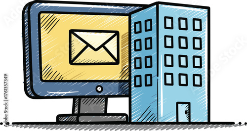 Digital Communication Solutions for Modern Business Office: Computer Displaying Email Icon Beside a Building, Symbolizing Online Correspondence, Corporate Communication, Technology Integration, and Re